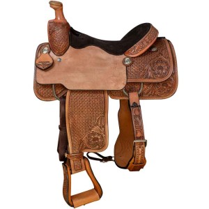 A team roping western saddle featuring leather tooled basket pattern with roughout jockeys, customizable seat size and personalized silver conchos